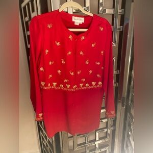 Diane Von Furstenberg Red Silk with  Gold embroidery Blouse size S, vintage